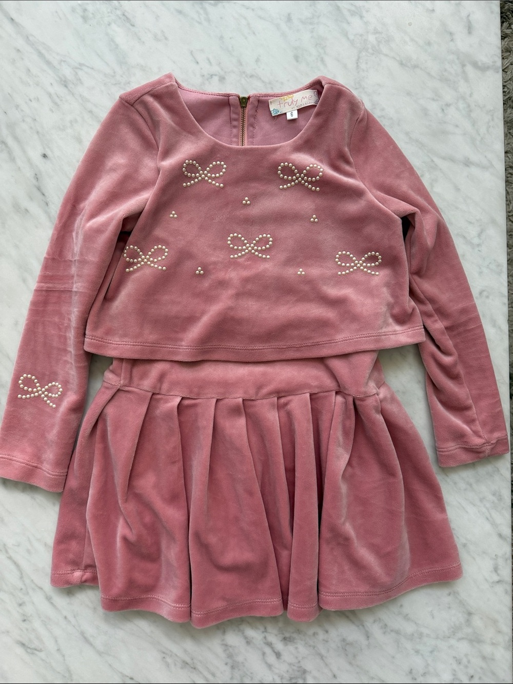 Truly Me by Sara Sara Pearl Bow Embellished Velvet 2-pc Mock Dress